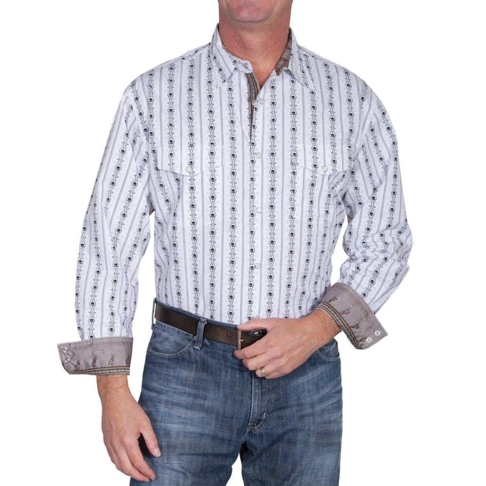 Scully Mens White Black Skull Stripe Pearl Snap Western Shirt Medium Rockabilly